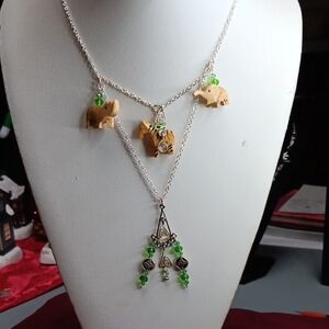 Elephant, Zebra And A Rino  Necklace with Green Accents